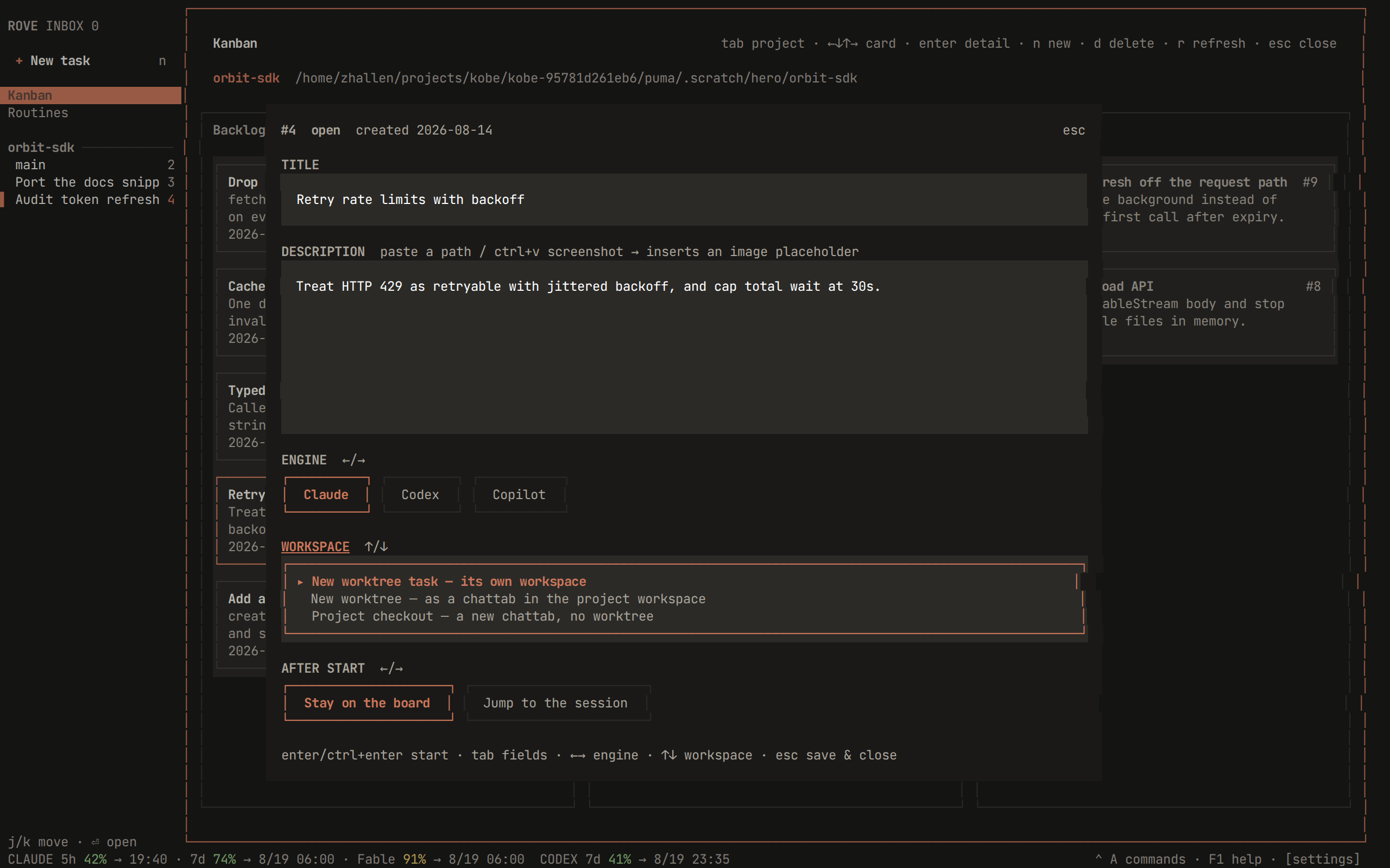 The story detail drawer — editable title and description above the engine, workspace and after-start choices a session would launch with