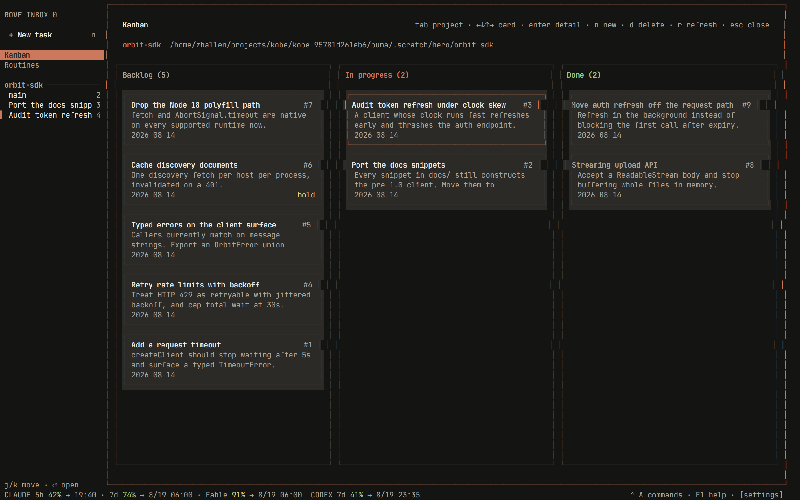 The Kanban board — Backlog, In progress and Done for one project, with the card cursor on an in-progress story