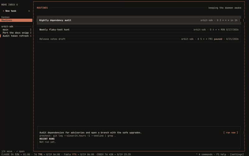 Walking the routines, pausing one, and composing a new one as the cron preview follows each cell