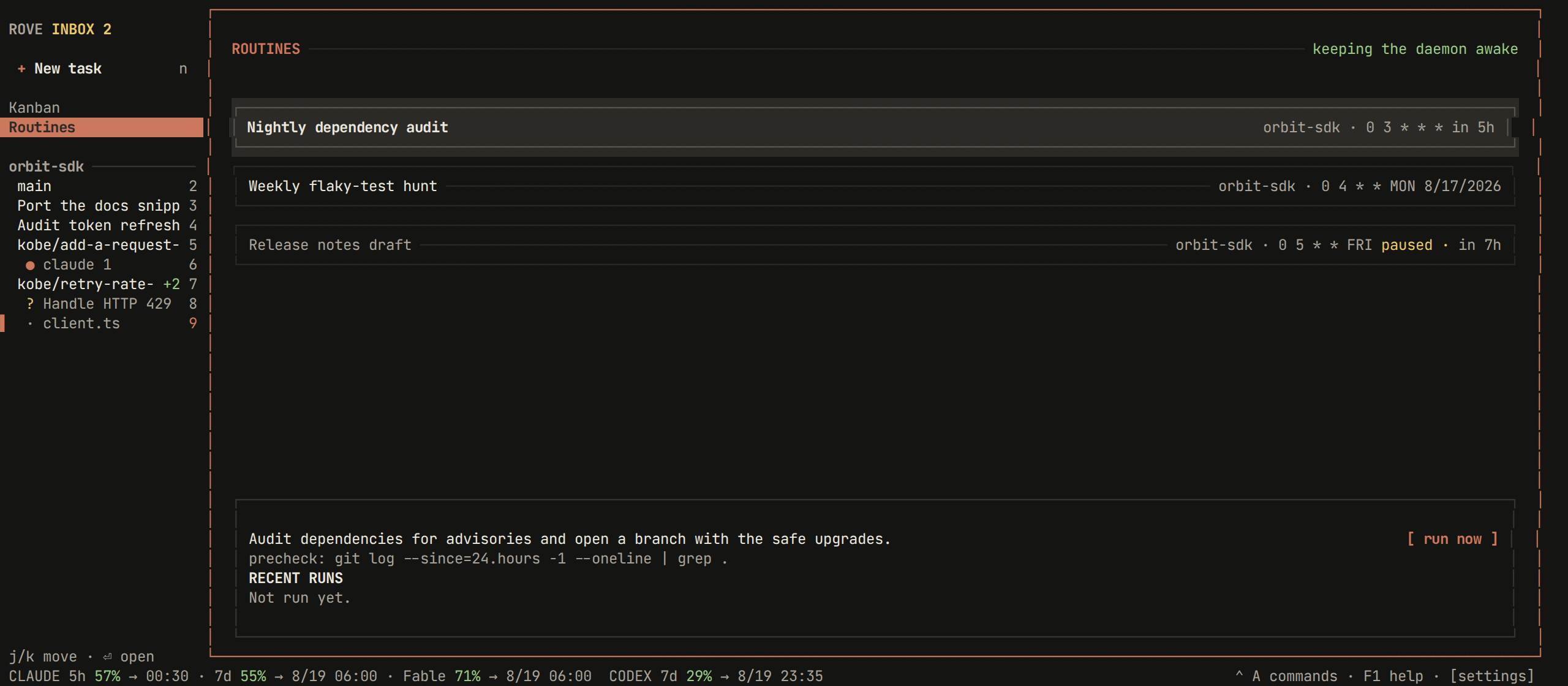 The Routines page — three scheduled prompts with their repo, cron expression and next run, and the selected routine's prompt, precheck and run history in the detail box below