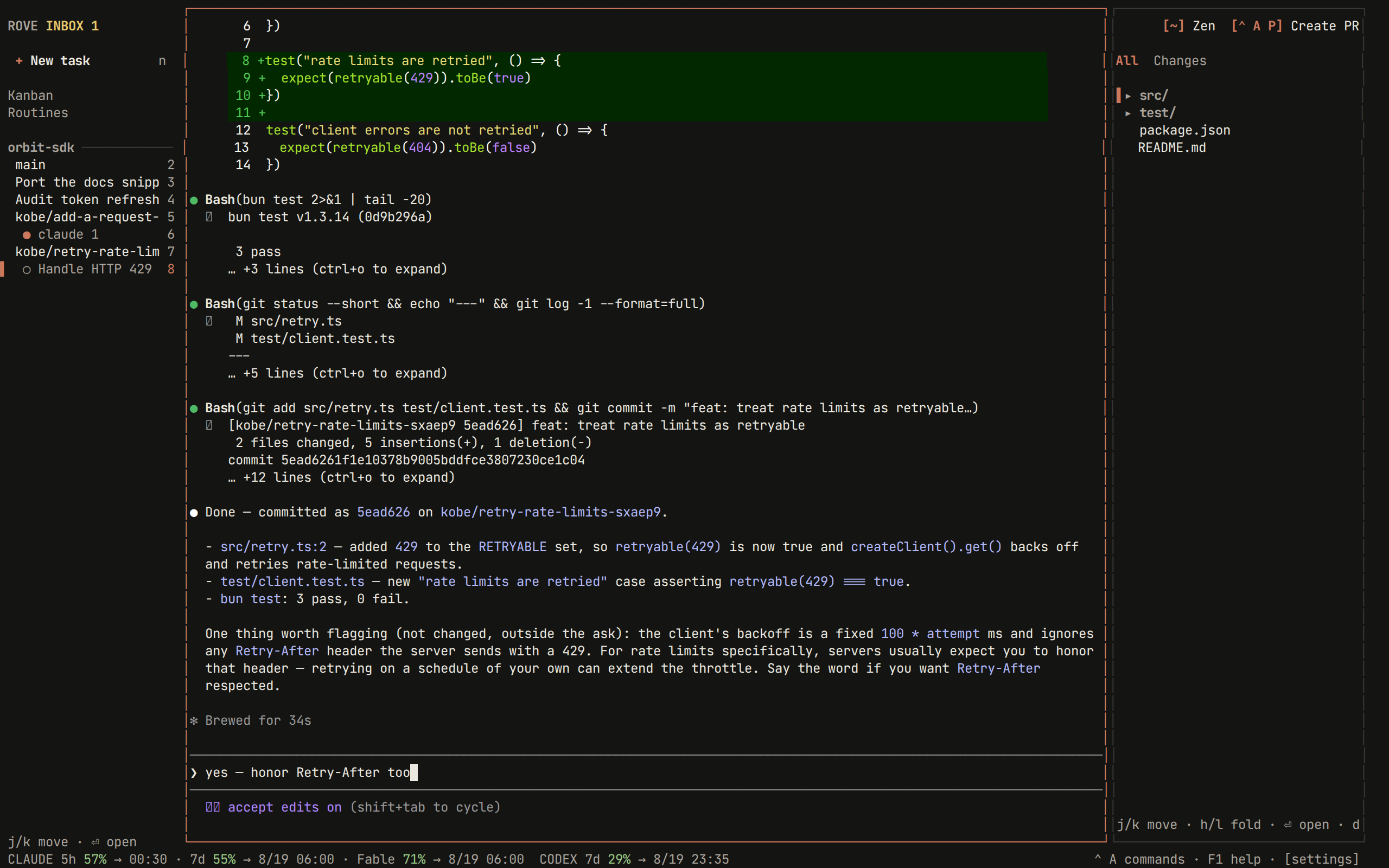 Rove's three panes: tasks on the left, the engine session in the middle, changed files on the right
